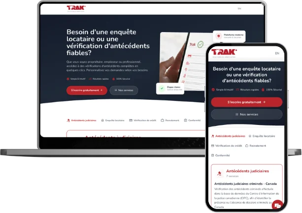 Plateforme Trak sur MacBook, tableau de bord de gestion des vérifications d'antécédents et enquêtes locataires