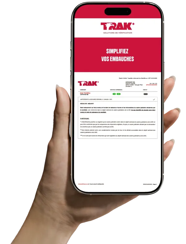 Vérification d'antécédents sur téléphone mobile, demande rapide et facile avec Trak